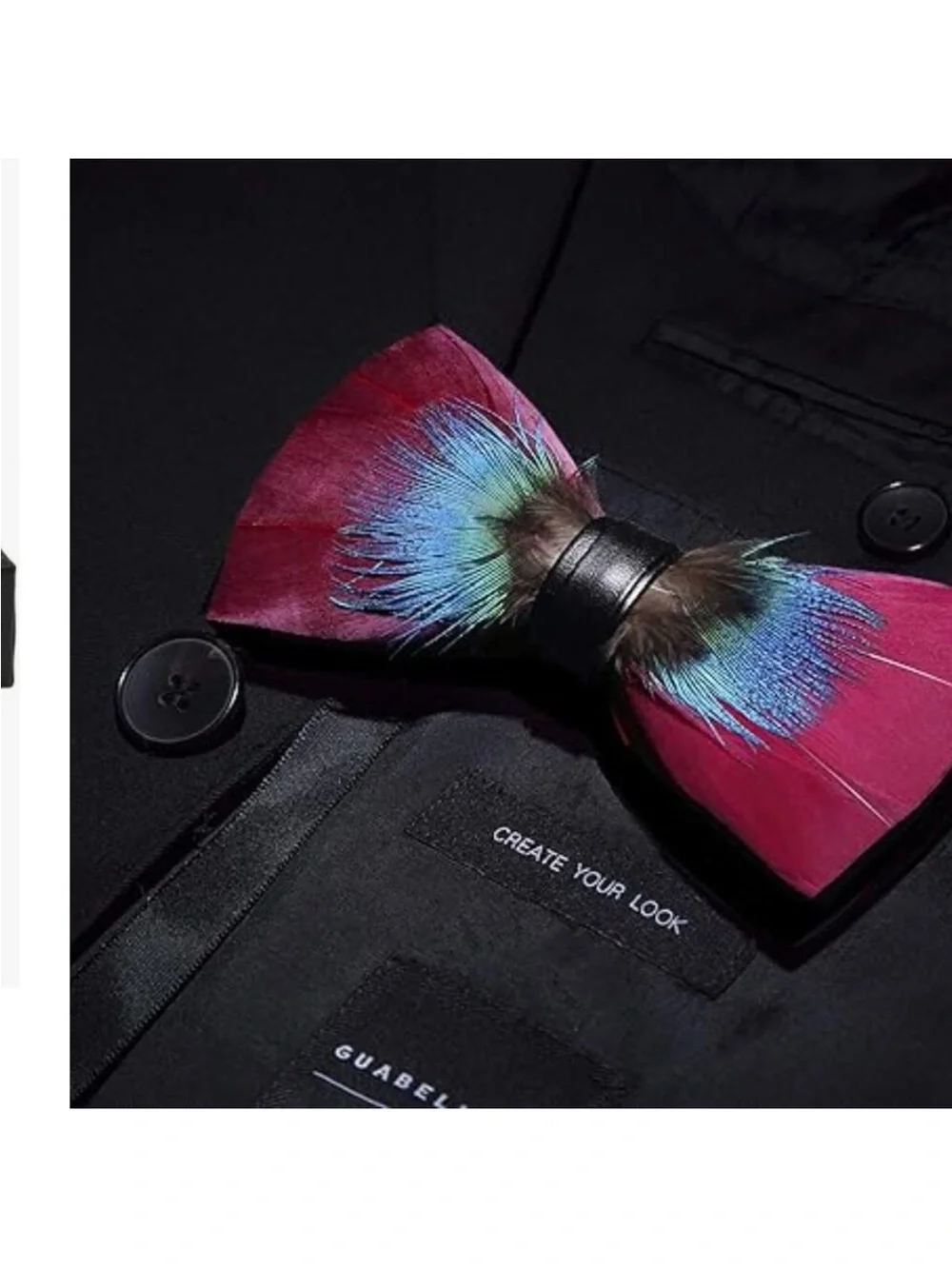 Men’s Handmade Pink and Peacock Feather Pre Tied Bow tie and Matching Lapel Pin